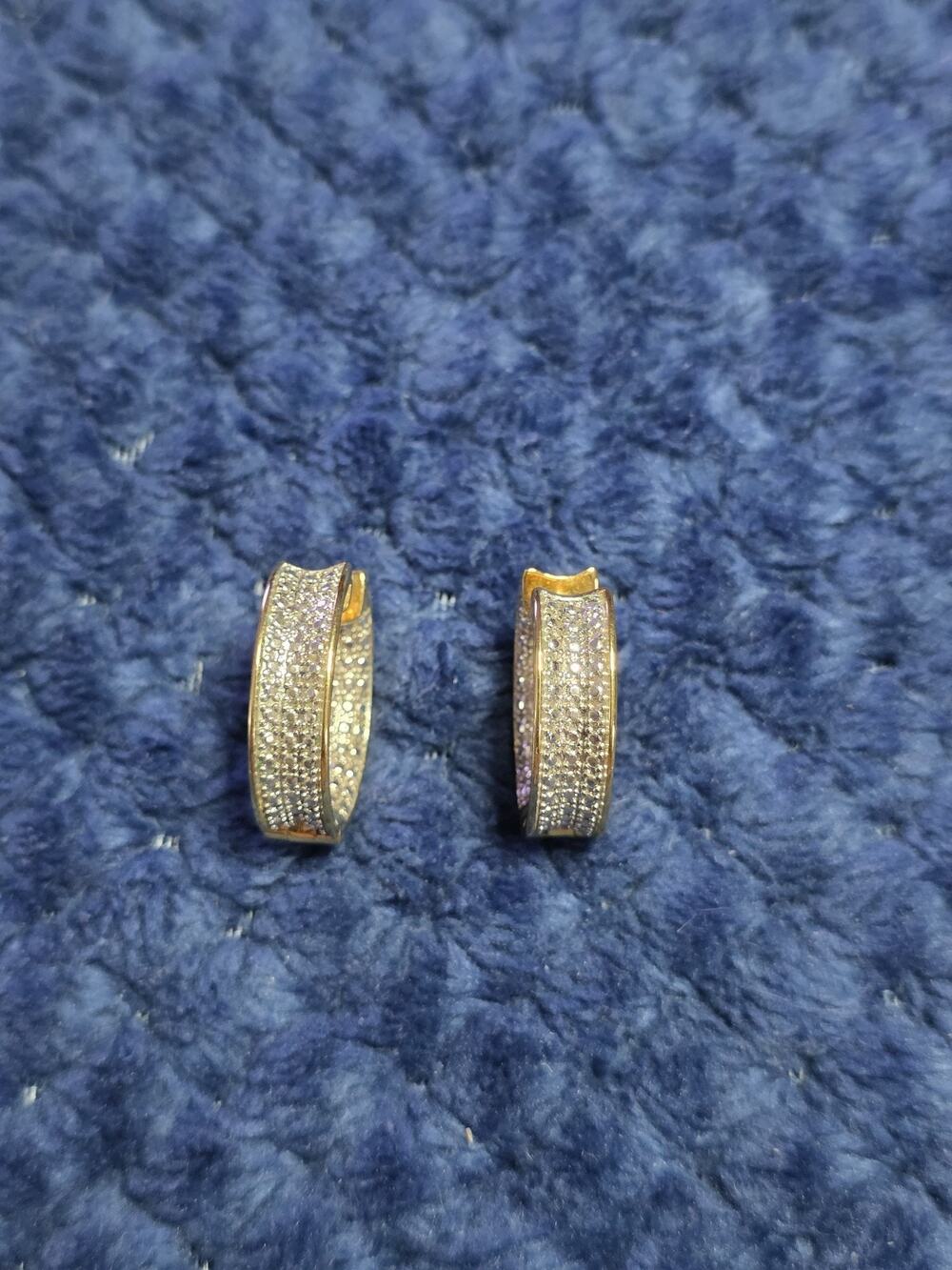 Signed DK 925 Sterling Silver Wide Huggie Hoop Earrings Gold Vermeil Pave CZ